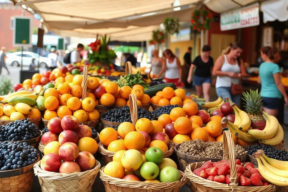 colorful fruit baskets displayed