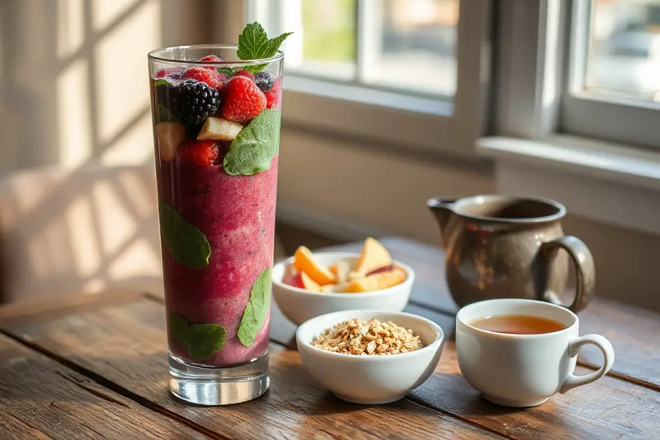 colorful smoothie breakfast setting