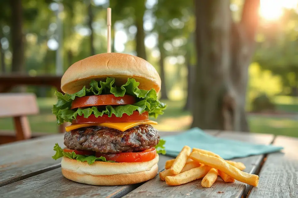 delicious hamburger picnic table