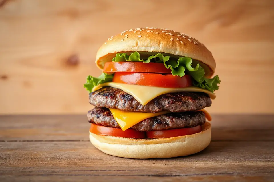 delicious hamburger wooden background