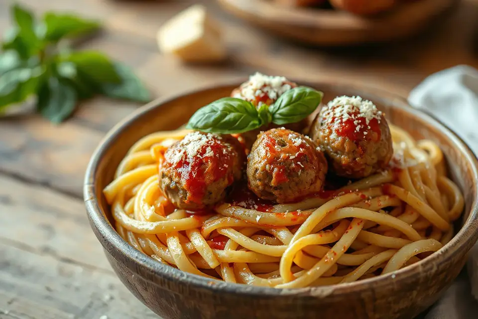 delicious meatball pasta bowl