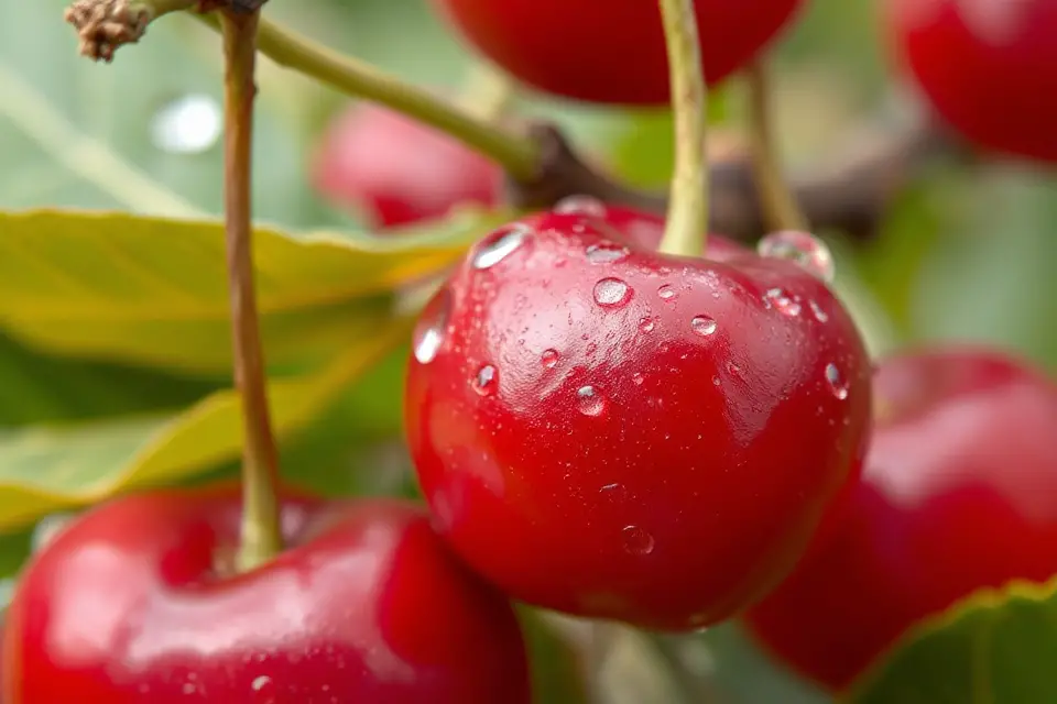dewdrops on vibrant cherry