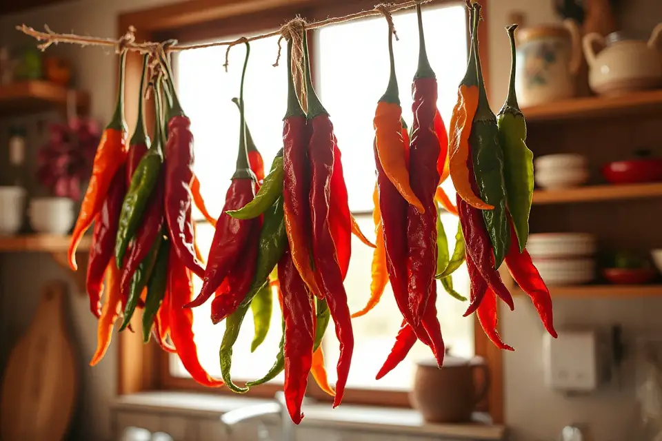 dried chili peppers hanging