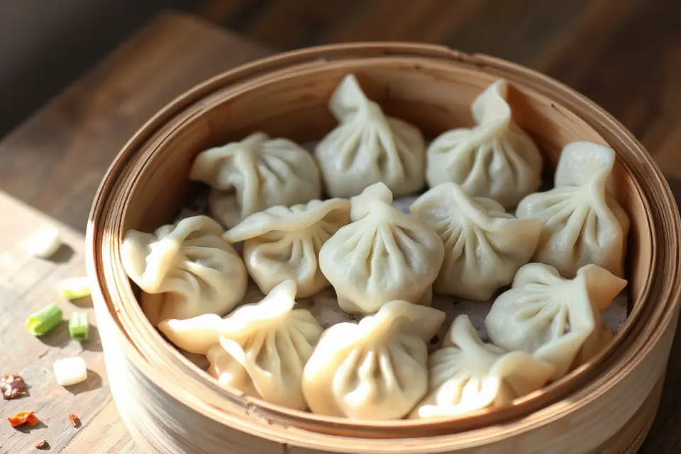 dumplings in bamboo steamer