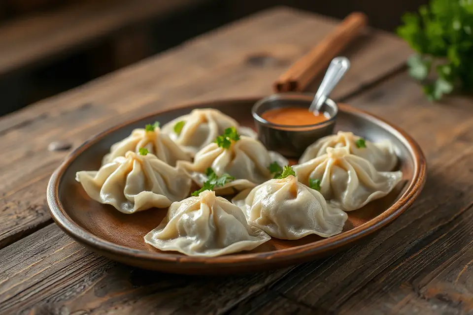 dumplings on rustic table