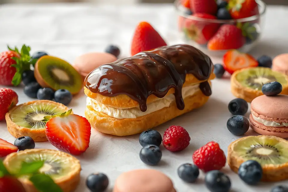 eclair with fruits and pastries