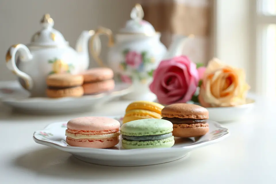 elegant tea set macarons