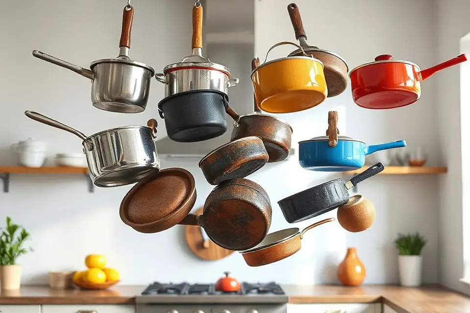 floating kitchen cookware arrangement
