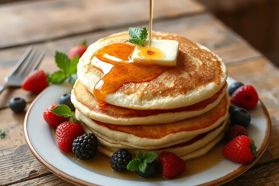 fluffy pancakes on wood