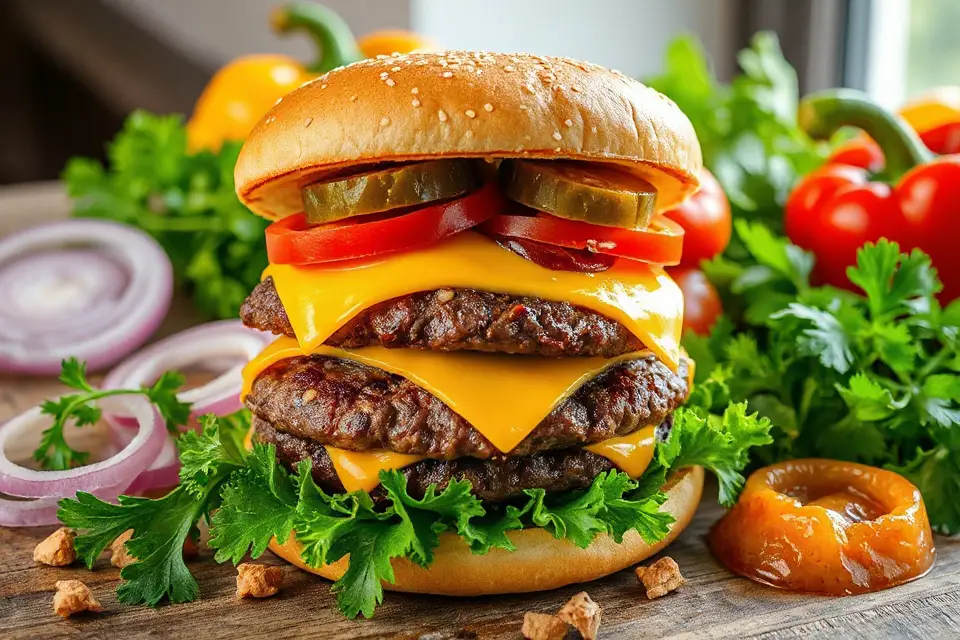 fresh cheeseburger with ingredients