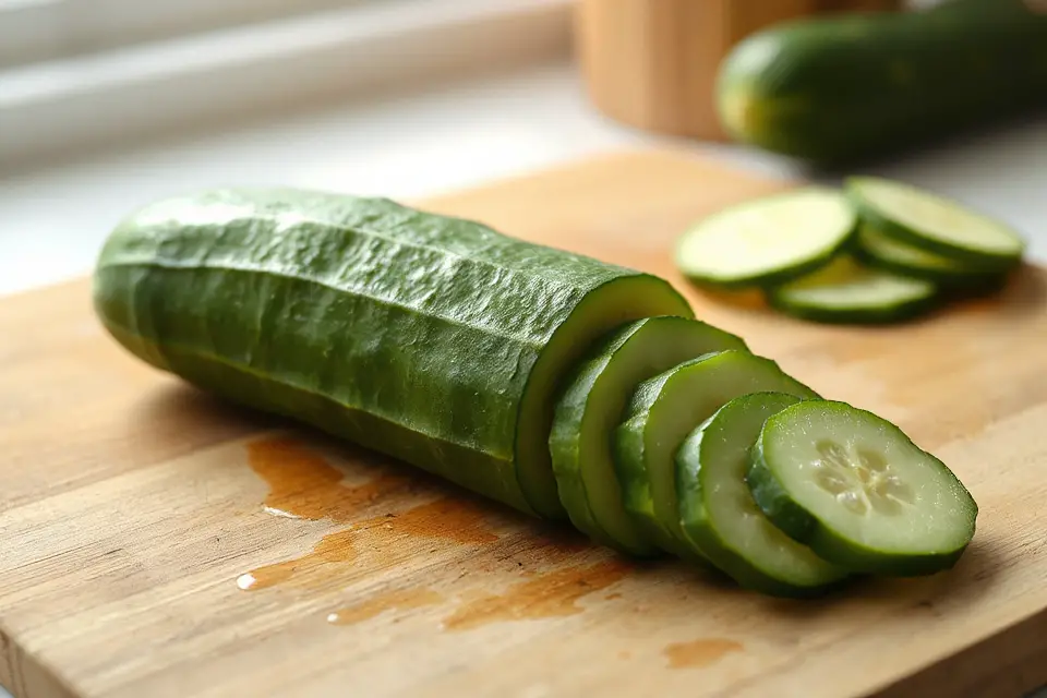 fresh cucumber on cutting board