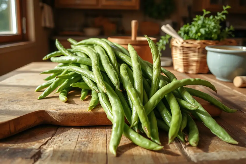 fresh green beans rustic setting