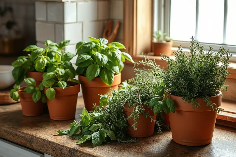 fresh herbs in pots