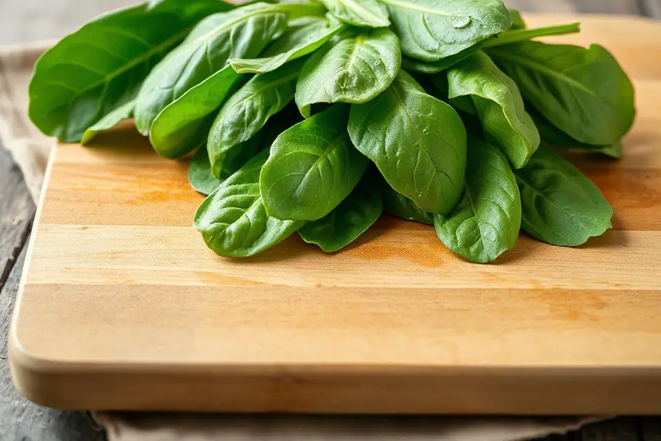 fresh spinach wooden board