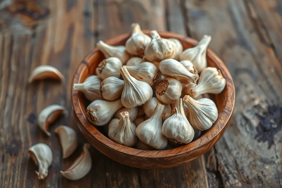 garlic cloves wooden bowl