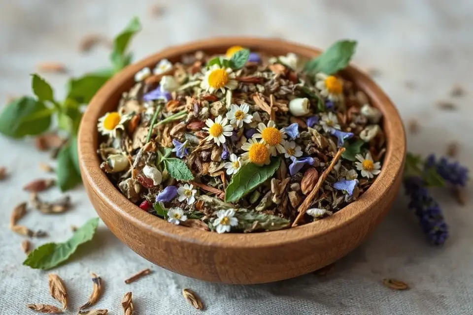 herbs in wooden bowl