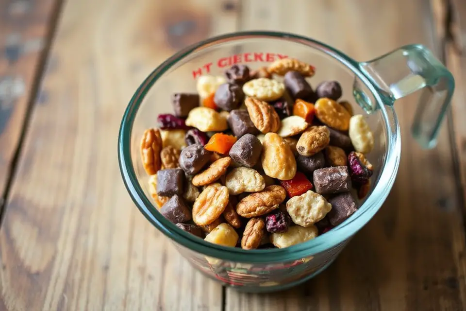 measuring cup with trail mix