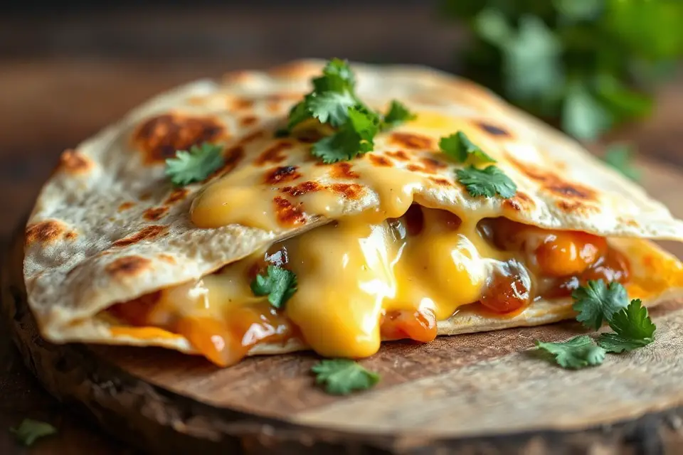 melted cheese quesadilla close up