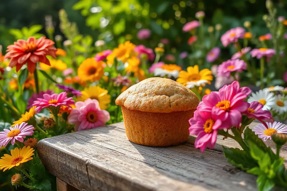 muffin amidst colorful flowers