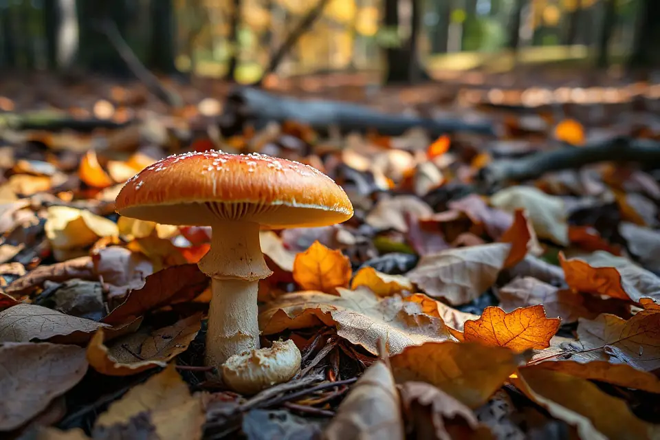 mushroom among autumn leaves