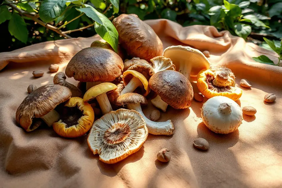 mushrooms on picnic blanket