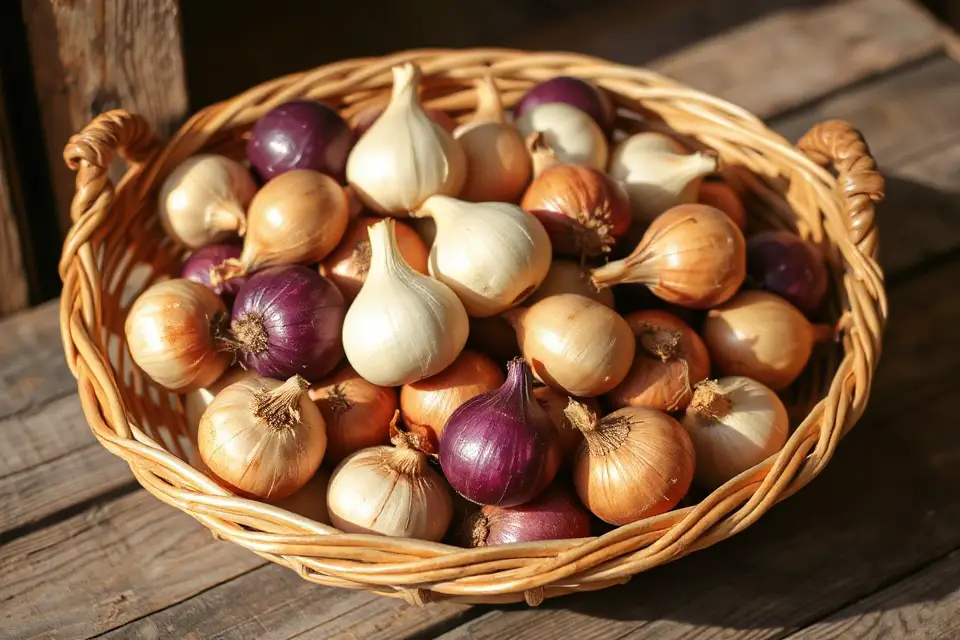 onion in woven basket
