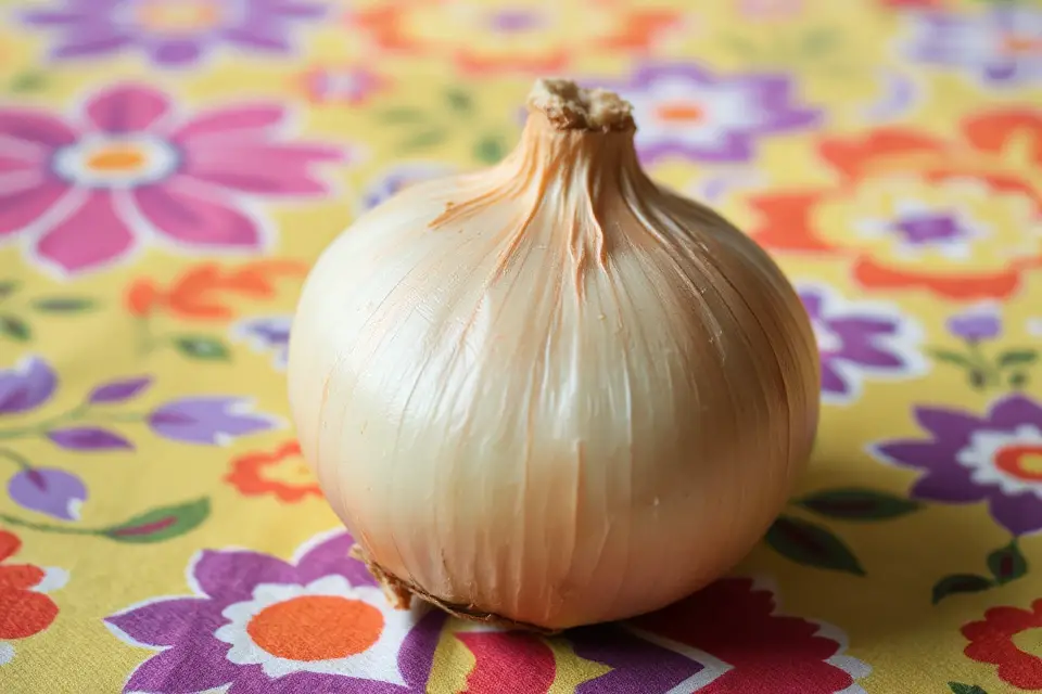 onion on colorful tablecloth