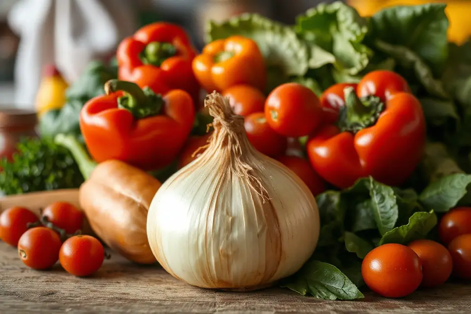onion with vibrant vegetables