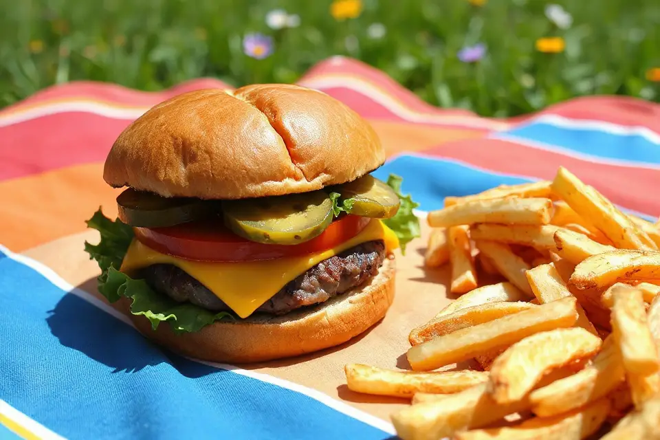 outdoor cheeseburger picnic photo