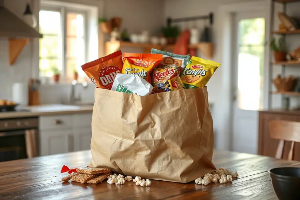 overflowing grocery bag snacks