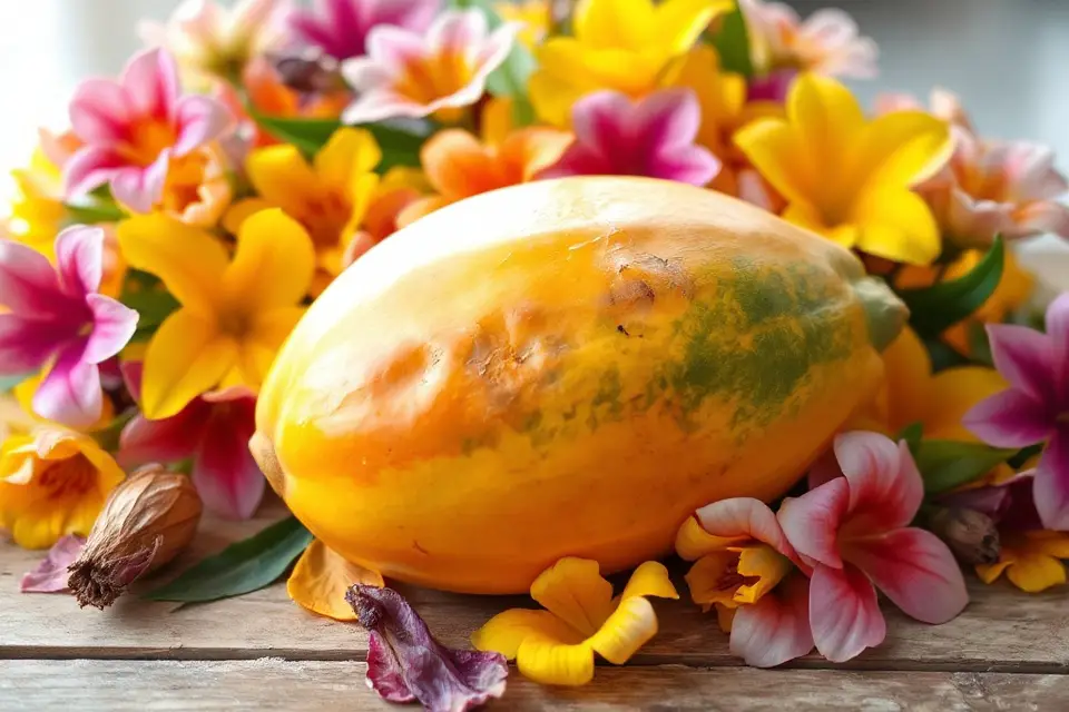 papaya surrounded by flowers