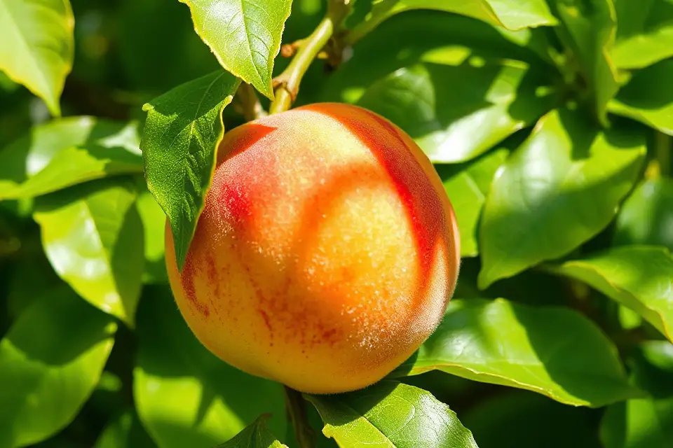 peach amid green foliage