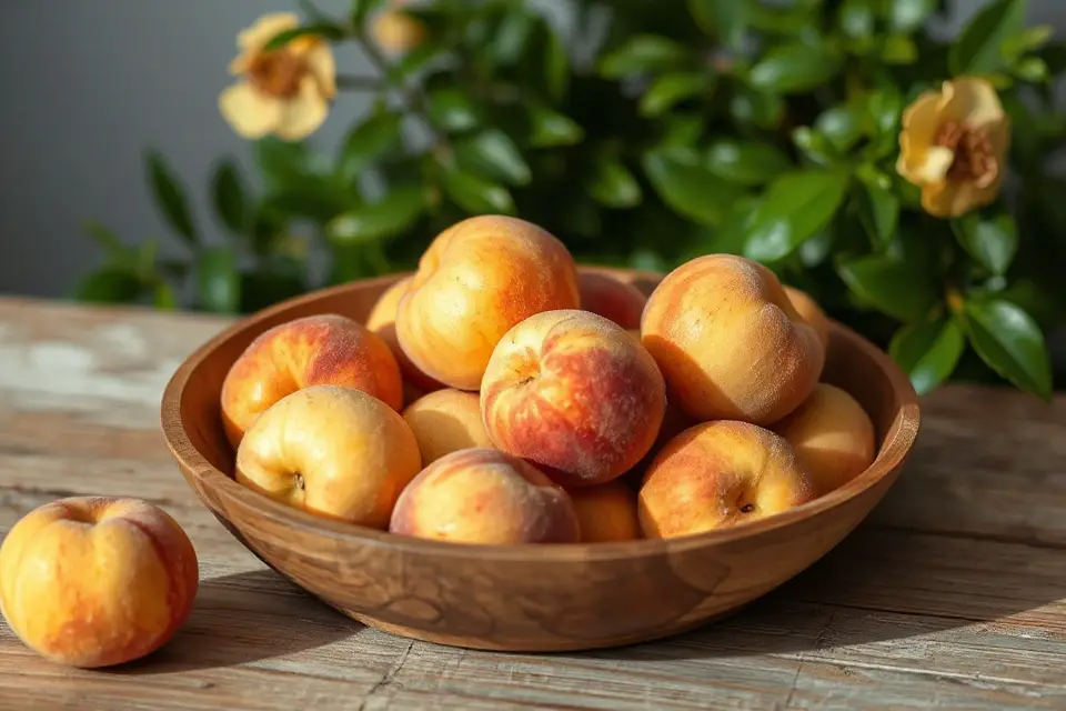 peaches in wooden bowl