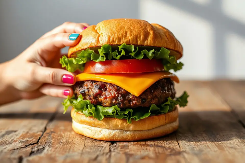 playful hand reaching burger