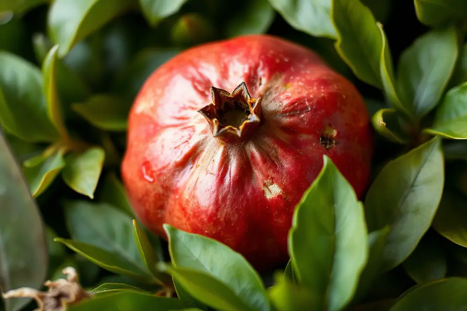 pomegranate with green leaves