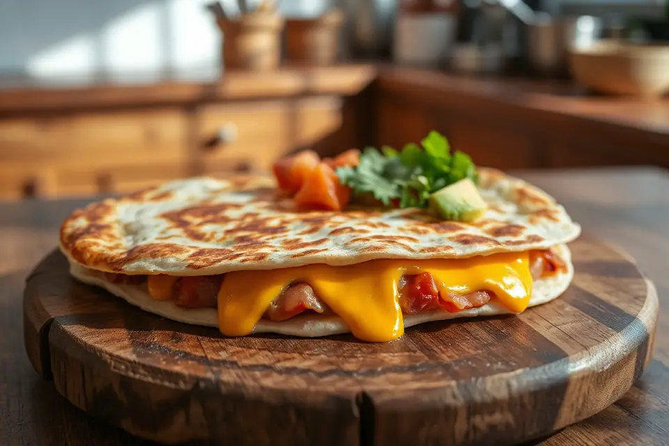 quesadilla on rustic plate