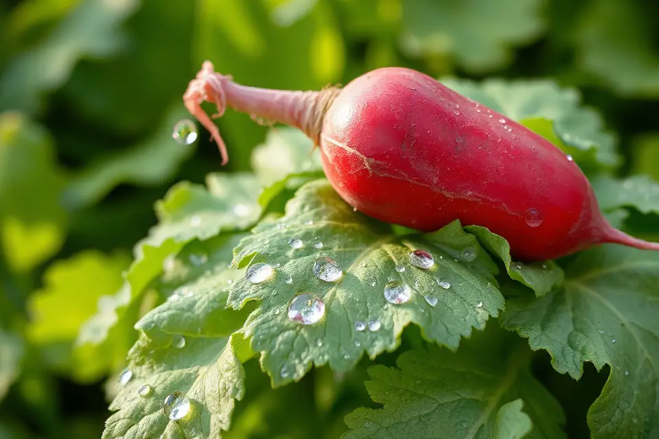 radish with dewdrops leaf