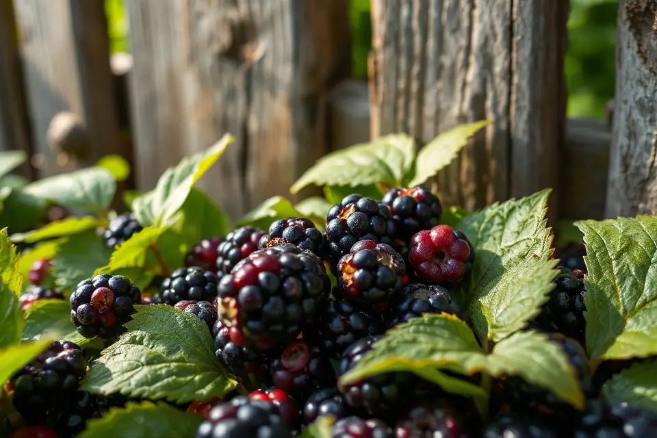 ripe blackberries rustic fence