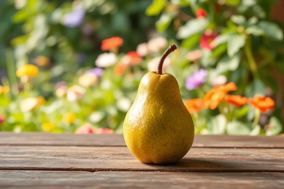 ripe pear with garden backdrop