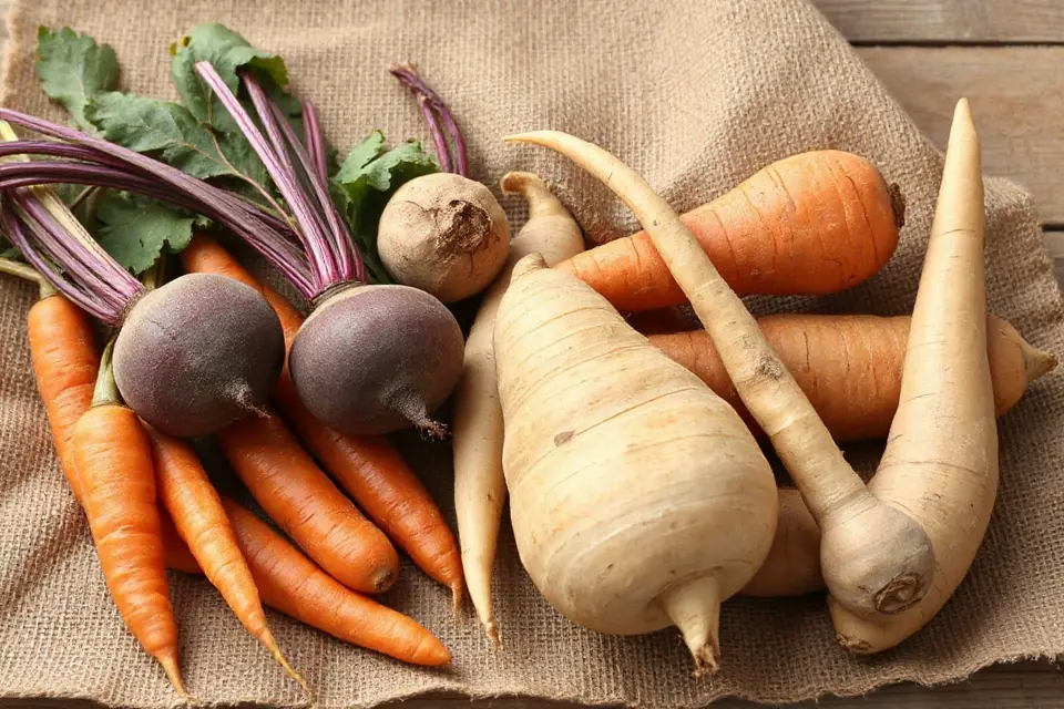 root vegetables on burlap