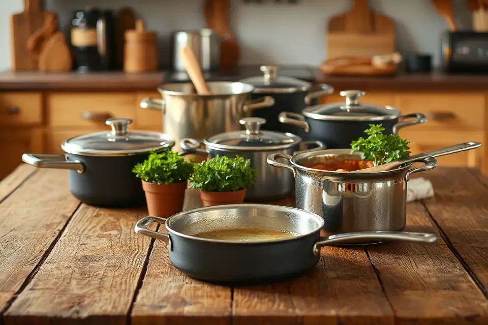 rustic table with cookware