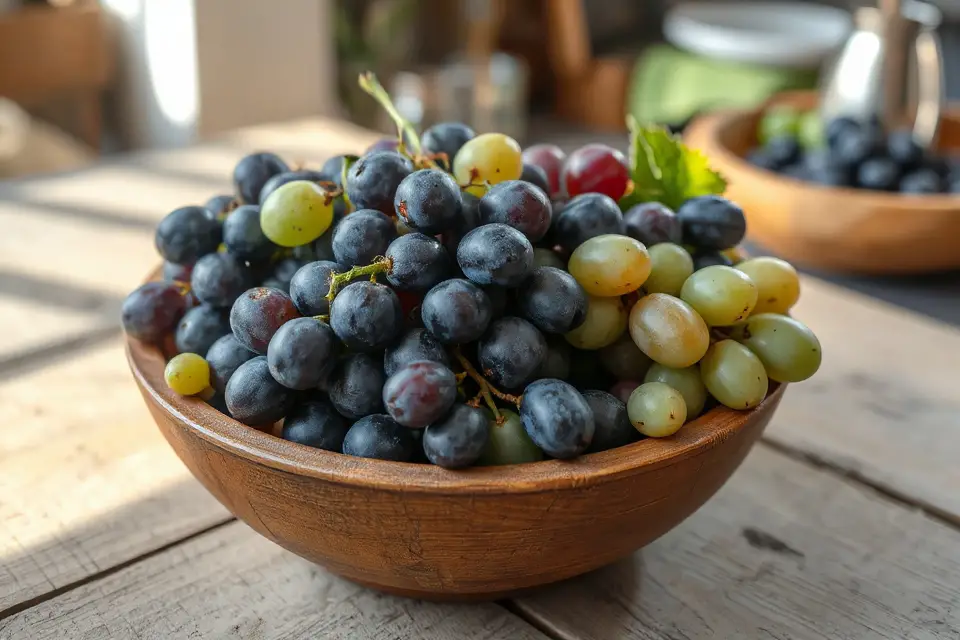 rustic wooden bowl grapes