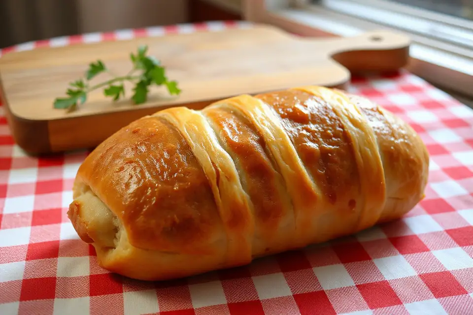 sausage roll on checkered tablecloth