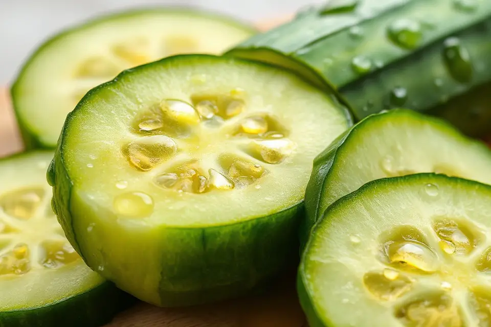 sliced cucumber with droplets
