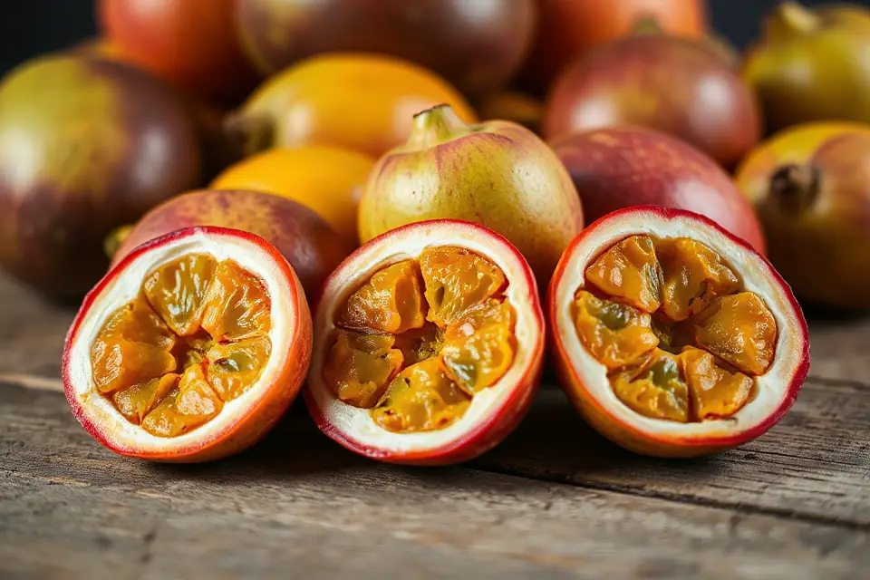 sliced passionfruit on wood