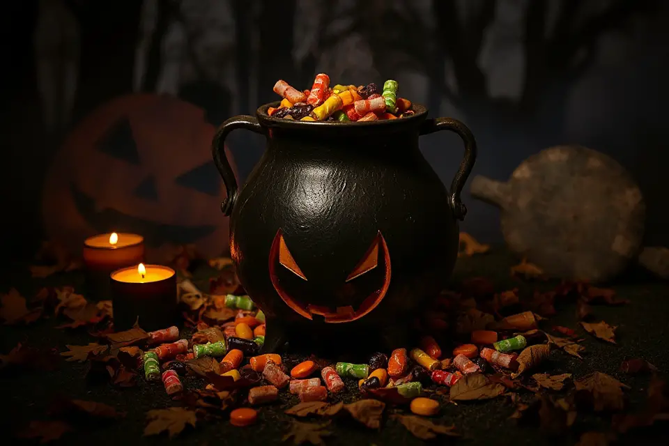 spooky candy cauldron scene