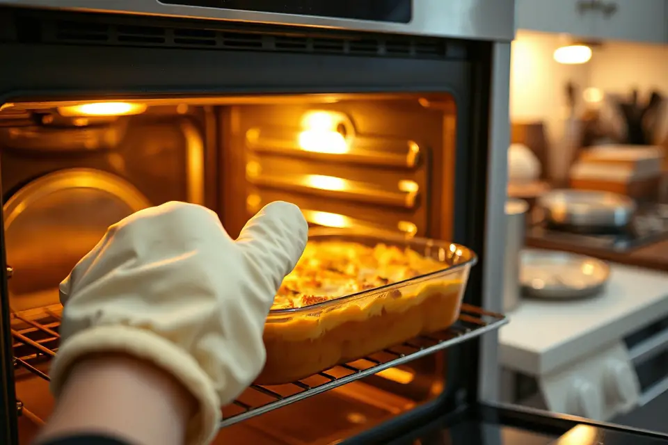 steaming dish from oven