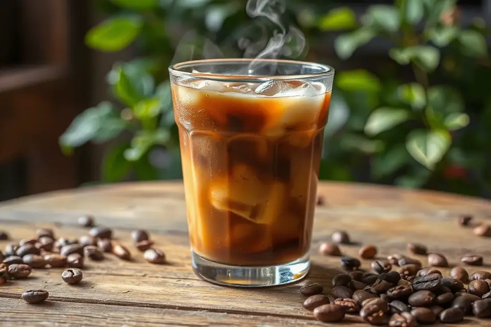 steaming iced coffee cup