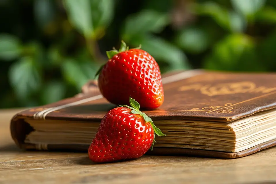 strawberry beside vintage book