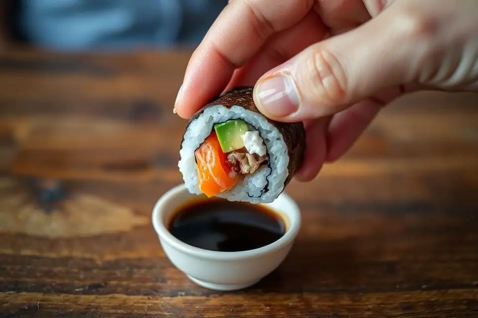 sushi roll hand dipping